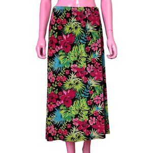 Vintage 90s M/L Midi Skirt Cotton Slinky Stretchy Tropical Floral Elastic Waist